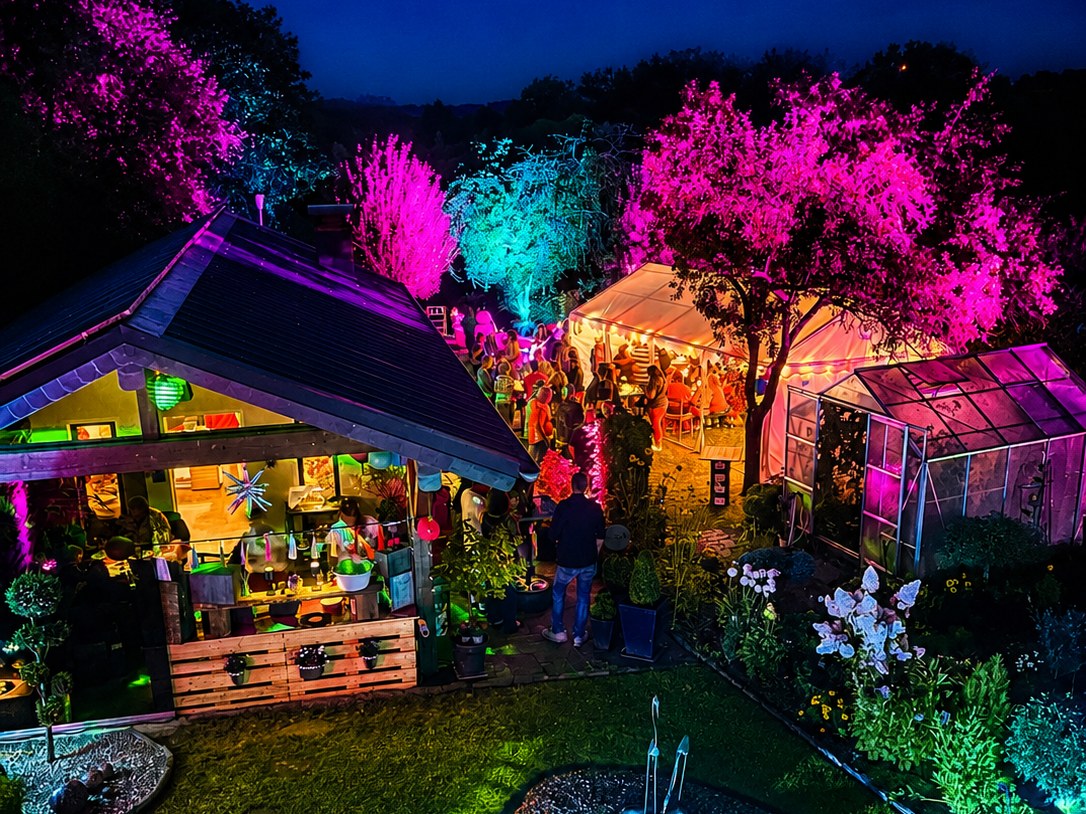 Farbige Ausleuchtung von Haus, Zelt und Bäumen bei einer Gartenparty
